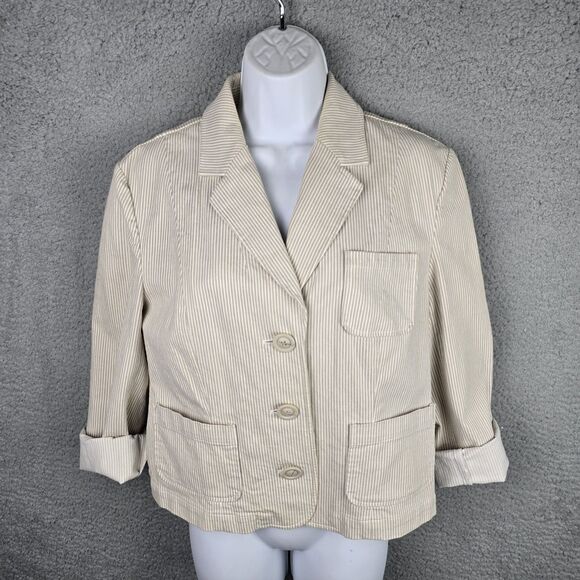 INC International Concepts Jacket Blazer Women L Tan White Stripe Casual Stretch - Picture 1 of 16